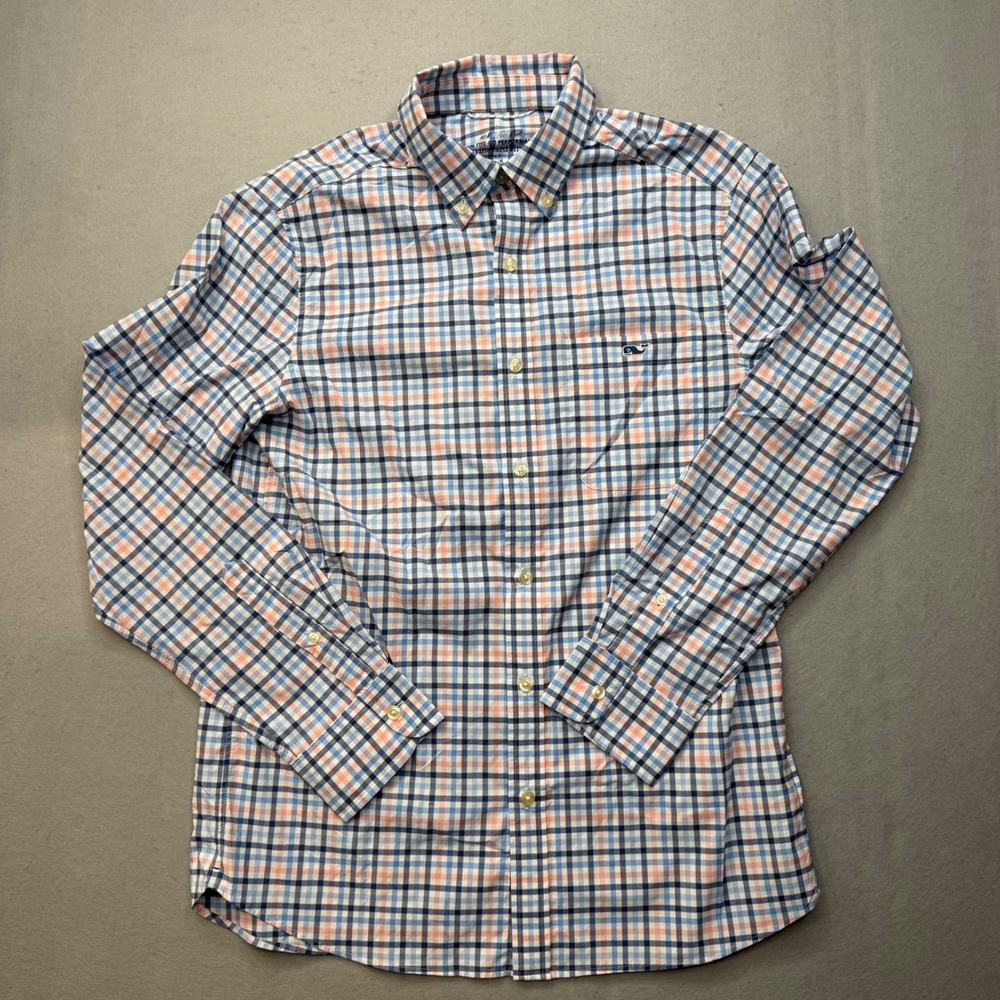 Vineyard Vines On-The-Go Performance Shirt Mens Small Blue Pink Check 1W011029